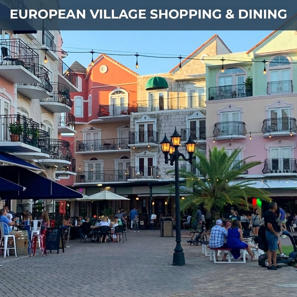 European Village shopping and dining plaza with colorful balconies, outdoor restaurant seating, string lights, palm trees, and strolling visitors.