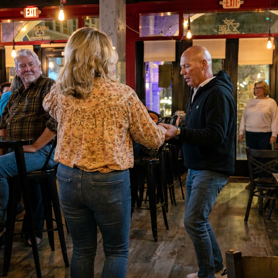 People socialize inside a warmly lit restaurant with exposed brick walls, high tables, wooden floors, and string lights.